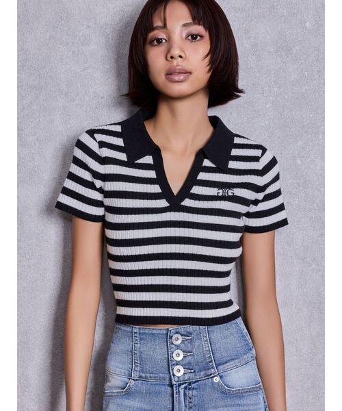 GYDA(ジェイダ)の「Symmetry GYDAハーフスリーブPOLOニットトップス(ニット/セーター・レディース・その他1/ブラック/オフホワイト・FREE)」の3枚目の写真