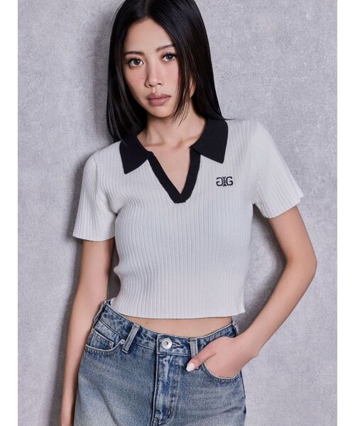 GYDA(ジェイダ)の「Symmetry GYDAハーフスリーブPOLOニットトップス(ニット/セーター・レディース・その他1/ブラック/オフホワイト・FREE)」の1枚目の写真