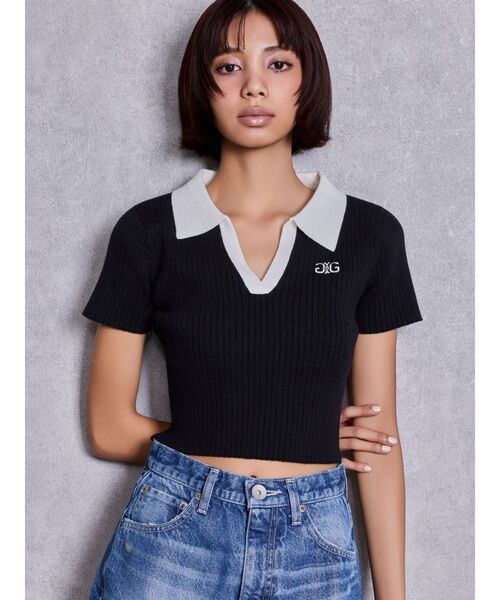 GYDA(ジェイダ)の「Symmetry GYDAハーフスリーブPOLOニットトップス(ニット/セーター・レディース・その他1/ブラック/オフホワイト・FREE)」の2枚目の写真