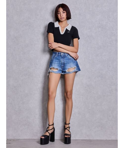 GYDA(ジェイダ)の「Symmetry GYDAハーフスリーブPOLOニットトップス(ニット/セーター・レディース・その他1/ブラック/オフホワイト・FREE)」の4枚目の写真