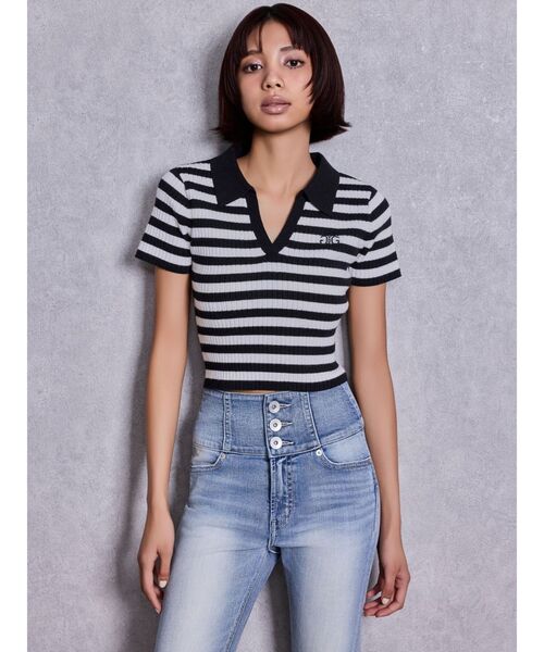 GYDA(ジェイダ)の「Symmetry GYDAハーフスリーブPOLOニットトップス(ニット/セーター・レディース・その他1/ブラック/オフホワイト・FREE)」の7枚目の写真