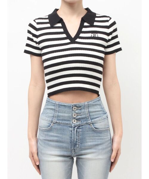 GYDA(ジェイダ)の「Symmetry GYDAハーフスリーブPOLOニットトップス(ニット/セーター・レディース・その他1/ブラック/オフホワイト・FREE)」の15枚目の写真