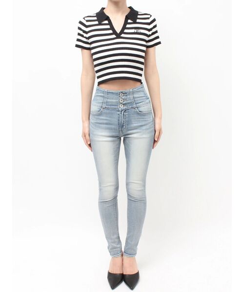 GYDA(ジェイダ)の「Symmetry GYDAハーフスリーブPOLOニットトップス(ニット/セーター・レディース・その他1/ブラック/オフホワイト・FREE)」の22枚目の写真