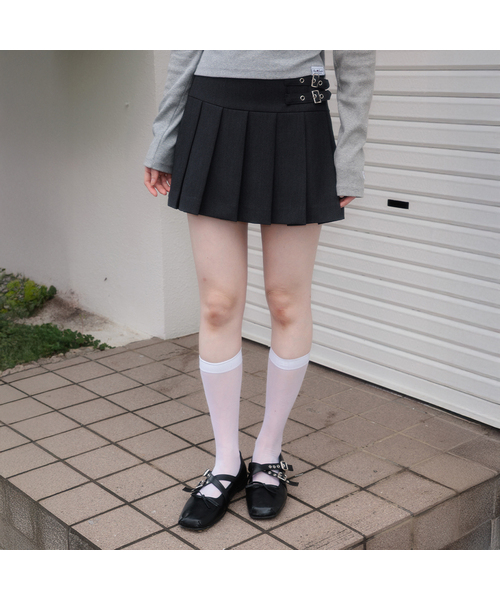 セール】Double Buckle Pleat Mini Skirt [Charcoal]（スカート