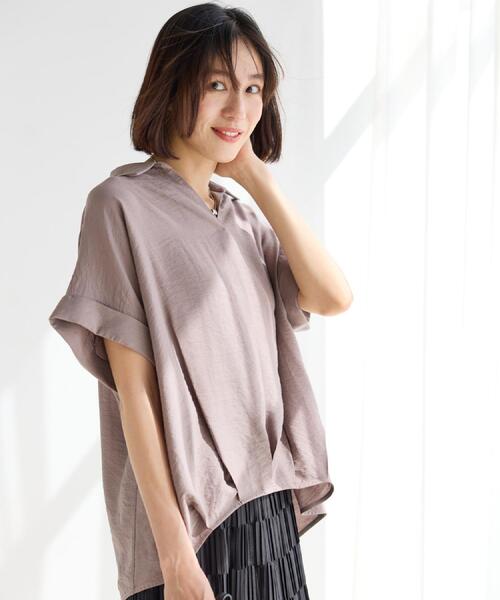 SHOO・LA・RUE(シューラルー)の「【ひんやり/S-LL/洗濯機可】インせず着られる 裾タック スキッパーシャツ(シャツ/ブラウス・レディース・ブラウン系/ブラック/ブルーグリーン/ナチュラル・03/02/04/01)」の7枚目の写真