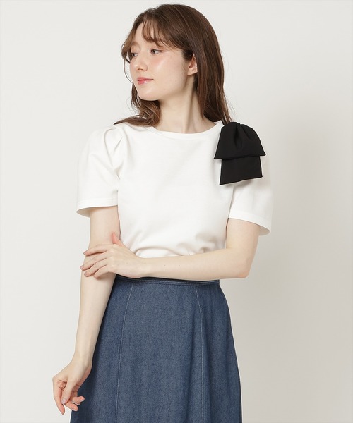 SWINGLE（スウィングル）の「【5/8(Fri)発売】ショルダーリボンカットソー（Tシャツ/カットソー・レディース・ピンク/オフホワイト/ブラック/ネイビー・FREE）」の5枚目の写真