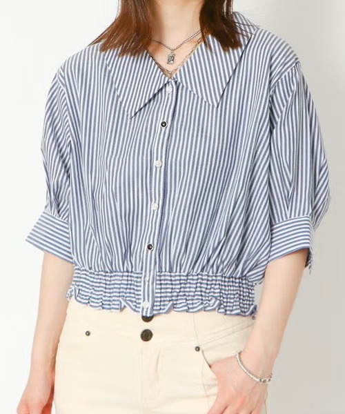GORGE(ゴージ)の「5分裾シャーリングブラウス(シャツ/ブラウス・レディース・ネイビー/オフホワイト/ラベンダー・F)」の2枚目の写真