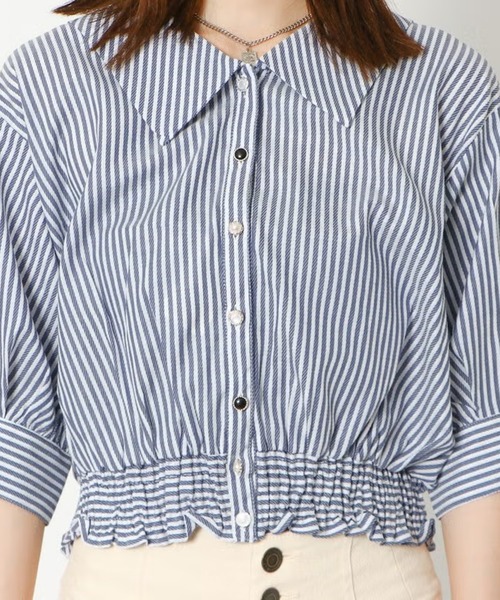 GORGE(ゴージ)の「5分裾シャーリングブラウス(シャツ/ブラウス・レディース・ネイビー/オフホワイト/ラベンダー・F)」の7枚目の写真