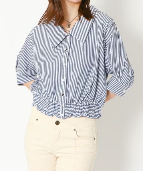 GORGE(ゴージ)の「5分裾シャーリングブラウス(シャツ/ブラウス・レディース・ネイビー/オフホワイト/ラベンダー・F)」の10枚目の写真