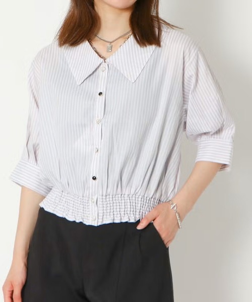 GORGE(ゴージ)の「5分裾シャーリングブラウス(シャツ/ブラウス・レディース・ネイビー/オフホワイト/ラベンダー・F)」の11枚目の写真