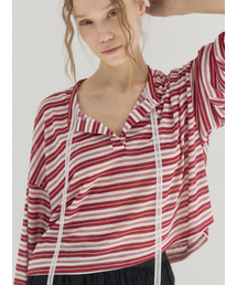 Cropped Stripe Loose Fit Collar Top_Red