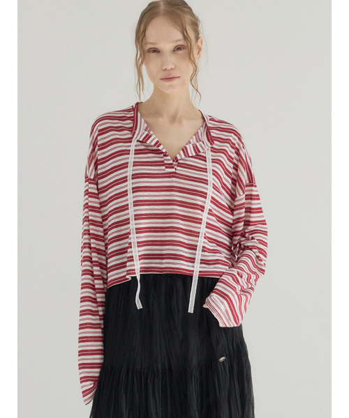 Sorry,Too Much Love(ソーリートゥーマッチラブ)の「Cropped Stripe Loose Fit Collar Top_Red(Tシャツ/カットソー・レディース・その他・FREE)」の3枚目の写真