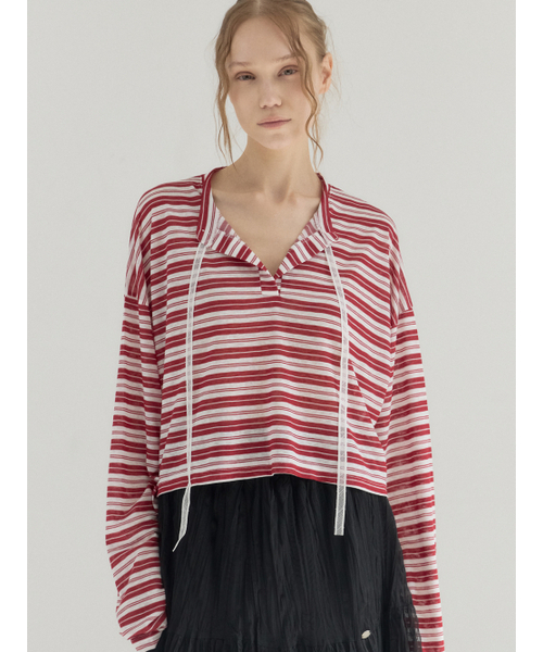 Sorry,Too Much Love(ソーリートゥーマッチラブ)の「Cropped Stripe Loose Fit Collar Top_Red(Tシャツ/カットソー・レディース・その他・FREE)」の5枚目の写真