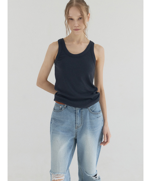 Sorry,Too Much Love(ソーリートゥーマッチラブ)の「Ribbon Ribbed U-Neck Tank Top_Navy(Tシャツ/カットソー・レディース・その他・FREE)」の4枚目の写真