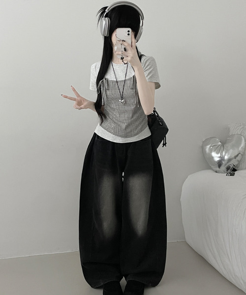 VIVID LADY(ビビッドレディー)の「チェックキャミトップレイヤード風 半袖Tシャツ(Tシャツ/カットソー・レディース・グレー/アイボリー・FREE)」の8枚目の写真