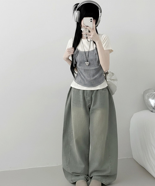 VIVID LADY(ビビッドレディー)の「チェックキャミトップレイヤード風 半袖Tシャツ(Tシャツ/カットソー・レディース・グレー/アイボリー・FREE)」の13枚目の写真