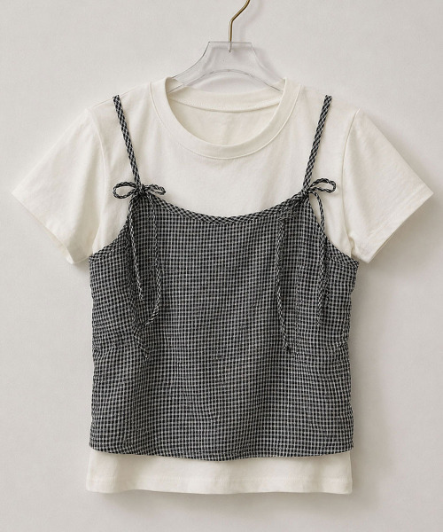 VIVID LADY(ビビッドレディー)の「チェックキャミトップレイヤード風 半袖Tシャツ(Tシャツ/カットソー・レディース・グレー/アイボリー・FREE)」の14枚目の写真
