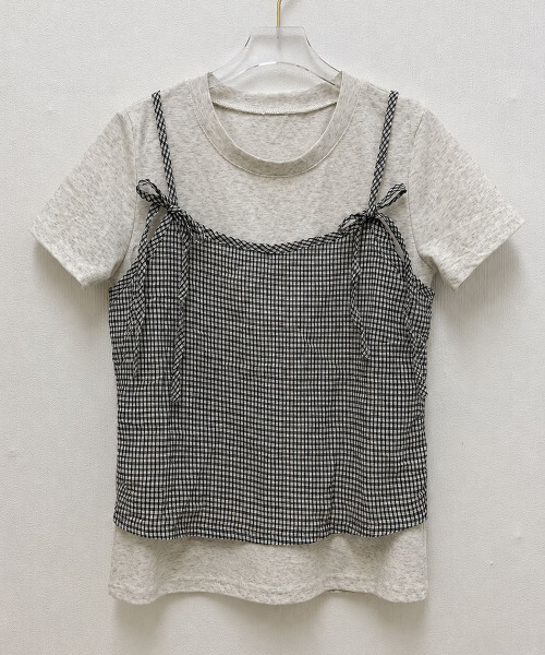 VIVID LADY(ビビッドレディー)の「チェックキャミトップレイヤード風 半袖Tシャツ(Tシャツ/カットソー・レディース・グレー/アイボリー・FREE)」の15枚目の写真