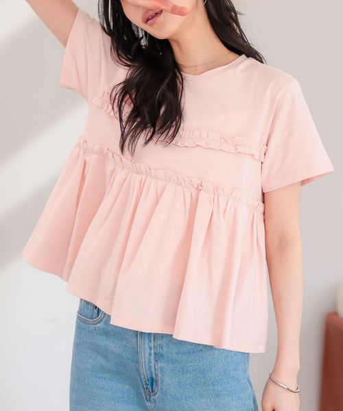 KOBE LETTUCE(コウベレタス)の「ペプラムTシャツ(Tシャツ/カットソー・レディース・ピンク/オフホワイト/ブラック・M)」の1枚目の写真