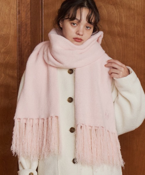 ピンク ロゴ入り ニットマフラー フリンジ付き Logo fringe knit muffler/ロゴ刺繍フリンジニットマフラー（マフラー