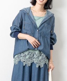 aunt lily（アントリリー）の「シアーデニムパーカーブラウスシャツ / デニムシャツ パーカーシャツ シアーデニム ブラウスシャツ 羽織り フード付きシャツ 綿100％ 大人カジュアル きれいめ セットアップ（シャツ/ブラウス）」