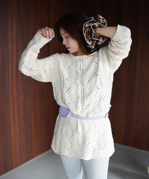 SANSeLF(サンセルフ)の「【SANSeLF】ウエストリボンリーフデザインニット saw26a001(ニット/セーター・レディース・グレー/アイボリー・FREE)」の7枚目の写真