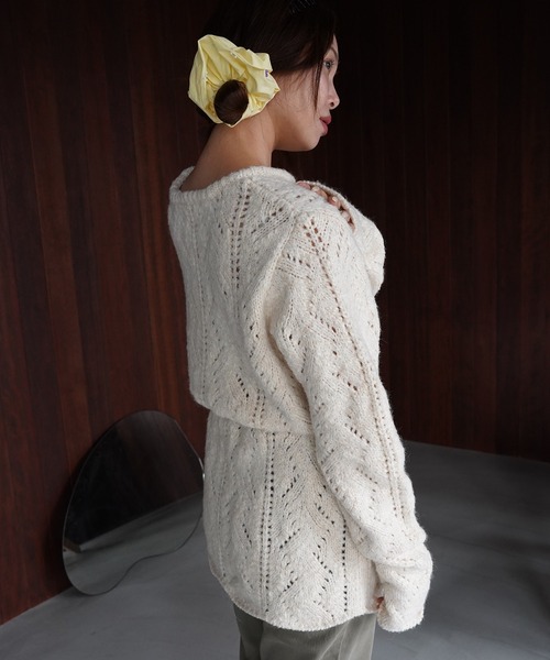 SANSeLF(サンセルフ)の「【SANSeLF】ウエストリボンリーフデザインニット saw26a001(ニット/セーター・レディース・グレー/アイボリー・FREE)」の3枚目の写真