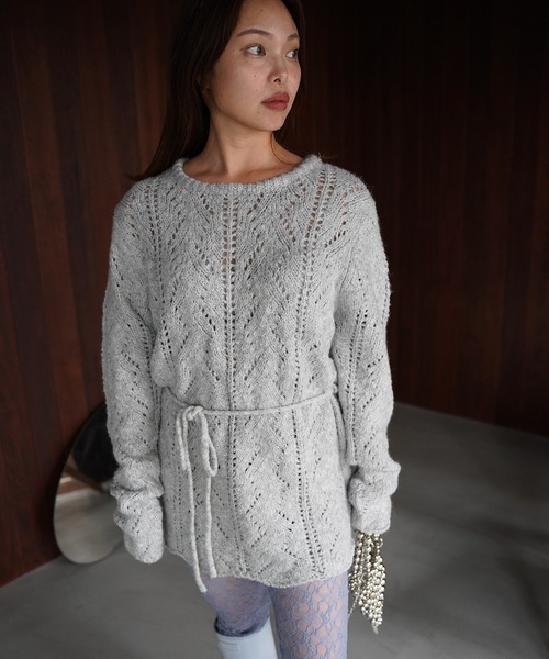 SANSeLF(サンセルフ)の「【SANSeLF】ウエストリボンリーフデザインニット saw26a001(ニット/セーター・レディース・グレー/アイボリー・FREE)」の11枚目の写真