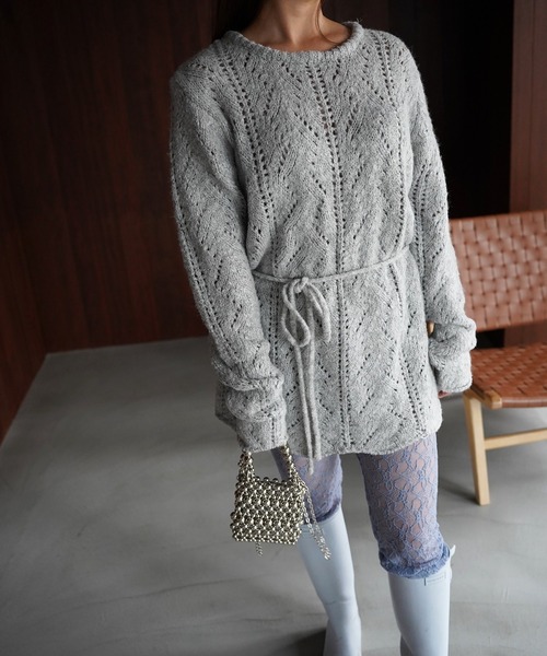 SANSeLF(サンセルフ)の「【SANSeLF】ウエストリボンリーフデザインニット saw26a001(ニット/セーター・レディース・グレー/アイボリー・FREE)」の14枚目の写真