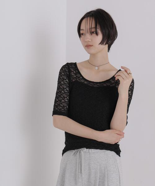 NANO universe(ナノユニバース)の「前後2wayシアーストレッチレーストップス(Tシャツ/カットソー・レディース・ブラック/ブラウン/アイボリー・FREE)」の4枚目の写真