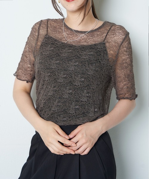 My shawty(マイシャウティー)の「lace short sleeve(Tシャツ/カットソー・レディース・ホワイト/チャコールグレー/ブラック・FREE)」の3枚目の写真