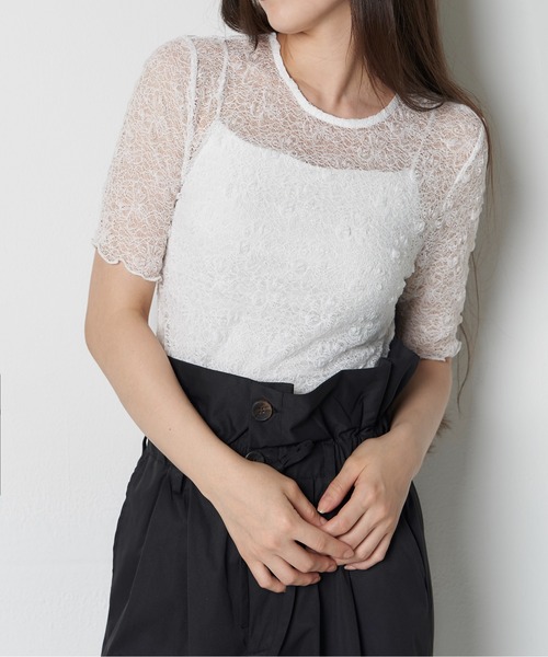 My shawty(マイシャウティー)の「lace short sleeve(Tシャツ/カットソー・レディース・ホワイト/チャコールグレー/ブラック・FREE)」の5枚目の写真