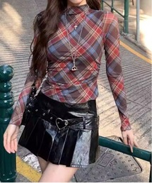 チェック柄シースルータイトトップス