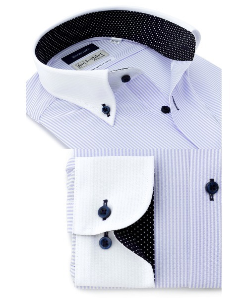 Perfect Suit FActory(パーフェクトスーツファクトリー)の「【完全ノーアイロン/アイシャツLimited】 ロンドンストライプ スリムフィット クレリックボタンダウン サックス(ビジネスシャツ・メンズ・ネイビー/サックスブルー・M80/S80/首回り45cm-裄丈86cm/L82/M82/L84/LL84/LL86)」の5枚目の写真