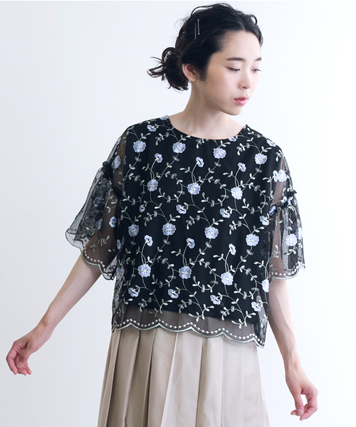 美品【ジャンポールゴルチェ】 40 長袖ブラウス 刺繍 花柄 シースルー リボン 美品【ジャンポールゴルチェ】 40 長袖ブラウス 刺繍 花柄 シースルー