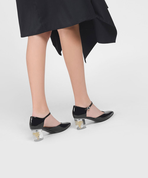 CHARLES & KEITH(チャールズ & キース)の「フローラスルーサイトヒールメリージェーン / FLORAL LUCITE HEEL MARY JANES(ローファー・レディース・ブラック/ピンク・23cm/25cm/24.5cm/23.5cm)」の3枚目の写真