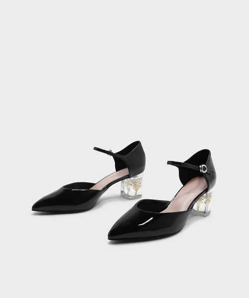 CHARLES & KEITH(チャールズ & キース)の「フローラスルーサイトヒールメリージェーン / FLORAL LUCITE HEEL MARY JANES(ローファー・レディース・ブラック/ピンク・23cm/25cm/24.5cm/23.5cm)」の4枚目の写真