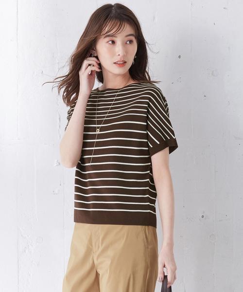 J.PRESS(ジェイプレス)の「【洗える】コットンアセテートミラノボーダー ニット(ニット/セーター・レディース・ホワイト系1/ダークブラウン系1・T13/T15)」の2枚目の写真