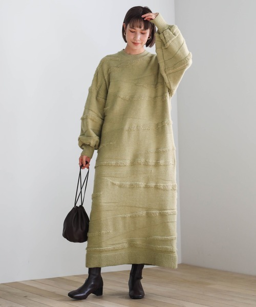 select MOCA(セレクトモカ)の「2020 A/W stratum(ストゥレイタム)デザインニットワンピース/ルーズロングワンピース/レイヤードワンピース(ワンピース)」|セージグリーン