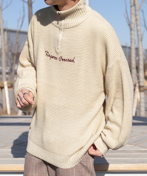 PairPair(ペアペア)の「配色ハーフZIPワッフルプルオーバー(ユニセックス)(ニット/セーター・レディース・オレンジ/ブルー/アイボリー・MEDIUM/LARGE)」の4枚目の写真