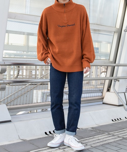PairPair(ペアペア)の「配色ハーフZIPワッフルプルオーバー(ユニセックス)(ニット/セーター・レディース・オレンジ/ブルー/アイボリー・MEDIUM/LARGE)」の6枚目の写真