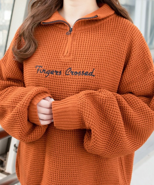 セール】配色ハーフZIPワッフルプルオーバー(ユニセックス)（ニット