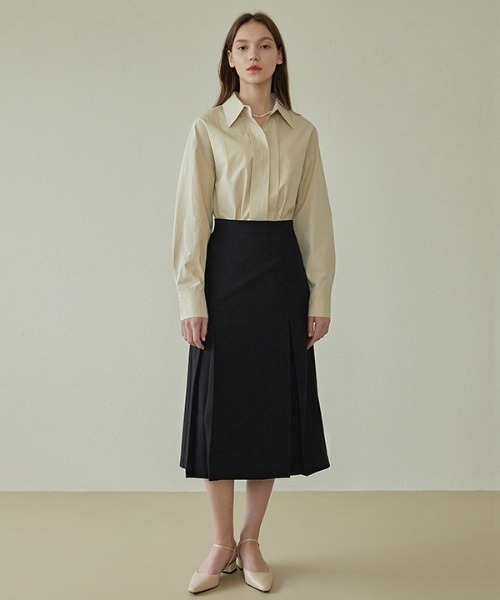 ANEDIT（アンエディット）の「【ANEDIT 】インバーティド プリーツロングスカート / E_Inverted Pleats Long Skirt（スカート・レディース・ベージュ/ブラック・SMALL/MEDIUM）」の4枚目の写真