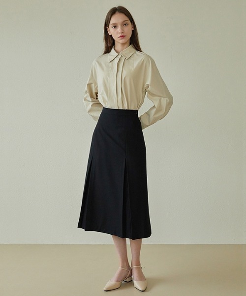 ANEDIT（アンエディット）の「【ANEDIT 】インバーティド プリーツロングスカート / E_Inverted Pleats Long Skirt（スカート・レディース・ベージュ/ブラック・SMALL/MEDIUM）」の5枚目の写真