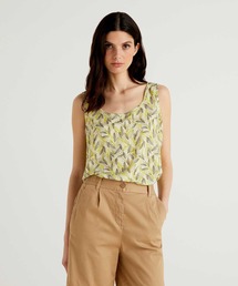 ヴィスコース葉花モチーフラウンドネックノースリーブトップス