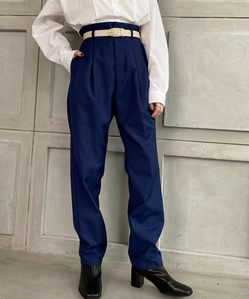 moment+(モーメントプラス)の「TRギャバ ハイウエストツータックパンツ(合皮ベルト付き)(スラックス・レディース・ブラック/ネイビー/モカ/杢グレー・M)」の4枚目の写真