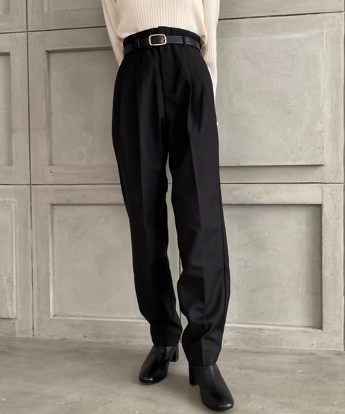 moment+(モーメントプラス)の「TRギャバ ハイウエストツータックパンツ(合皮ベルト付き)(スラックス・レディース・ブラック/ネイビー/モカ/杢グレー・M)」の5枚目の写真