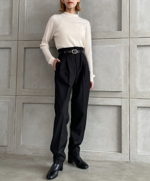 moment+(モーメントプラス)の「TRギャバ ハイウエストツータックパンツ(合皮ベルト付き)(スラックス・レディース・ブラック/ネイビー/モカ/杢グレー・M)」の22枚目の写真