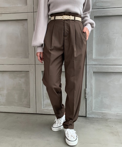 moment+(モーメントプラス)の「TRギャバ ハイウエストツータックパンツ(合皮ベルト付き)(スラックス・レディース・ブラック/ネイビー/モカ/杢グレー・M)」の10枚目の写真