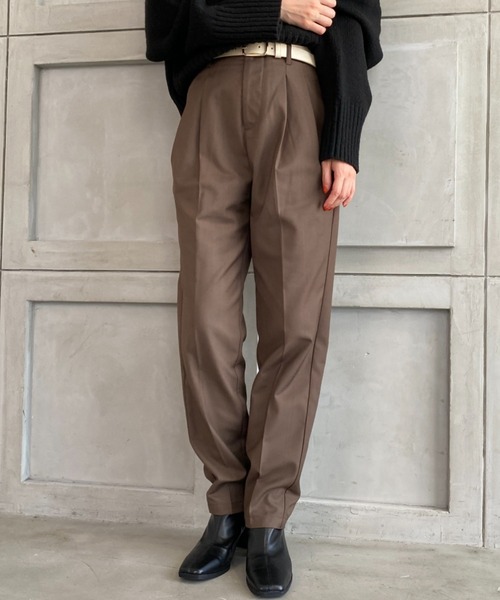 moment+(モーメントプラス)の「TRギャバ ハイウエストツータックパンツ(合皮ベルト付き)(スラックス・レディース・ブラック/ネイビー/モカ/杢グレー・M)」の12枚目の写真